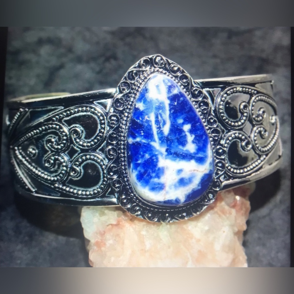Sodalite Stamped 925 Sterling Silver Cuff Bracelet